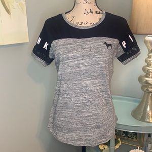PINK Victoria’s Secret black and gray top, mesh sleeves. Great condition